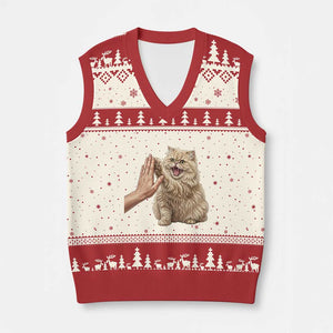 Cute Persian Cat High Five V-Neck Knit Sweater Vest Cat Lover TS12 Beige Red Print Your Wear