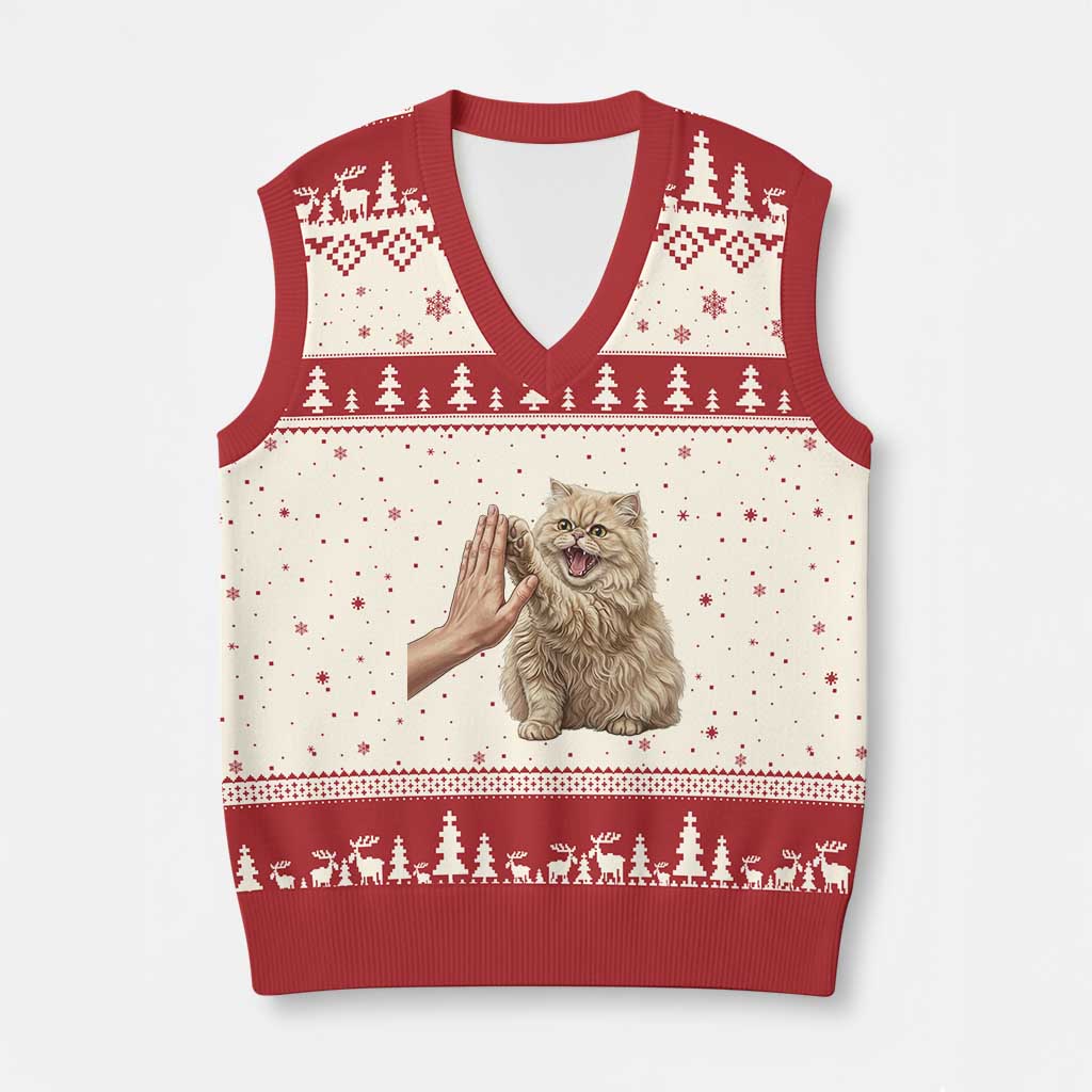 Cute Persian Cat High Five V-Neck Knit Sweater Vest Cat Lover TS12 Beige Red Print Your Wear