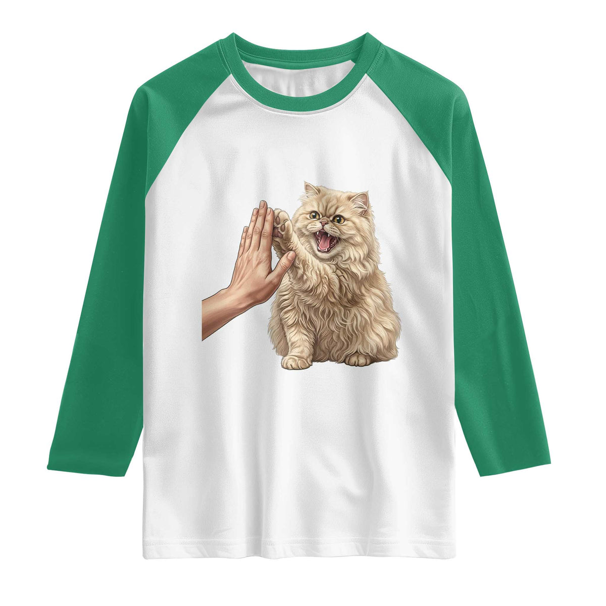 Cute Persian Cat High Five Raglan Shirt Cat Lover TS12 White Kelly Green Print Your Wear