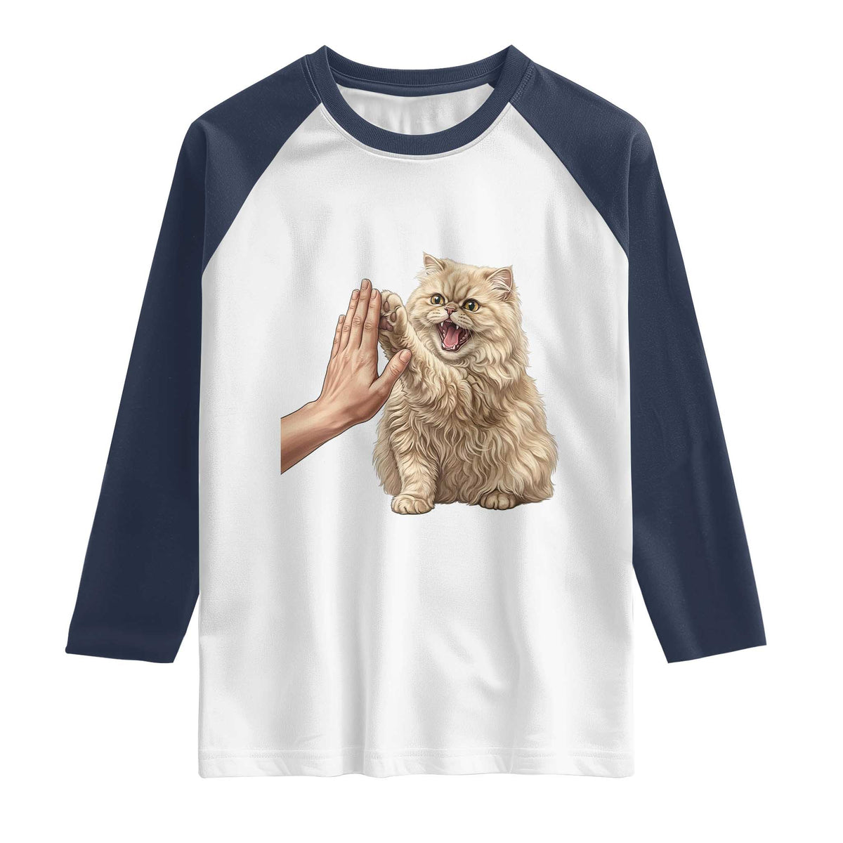 Cute Persian Cat High Five Raglan Shirt Cat Lover TS12 White Navy Print Your Wear