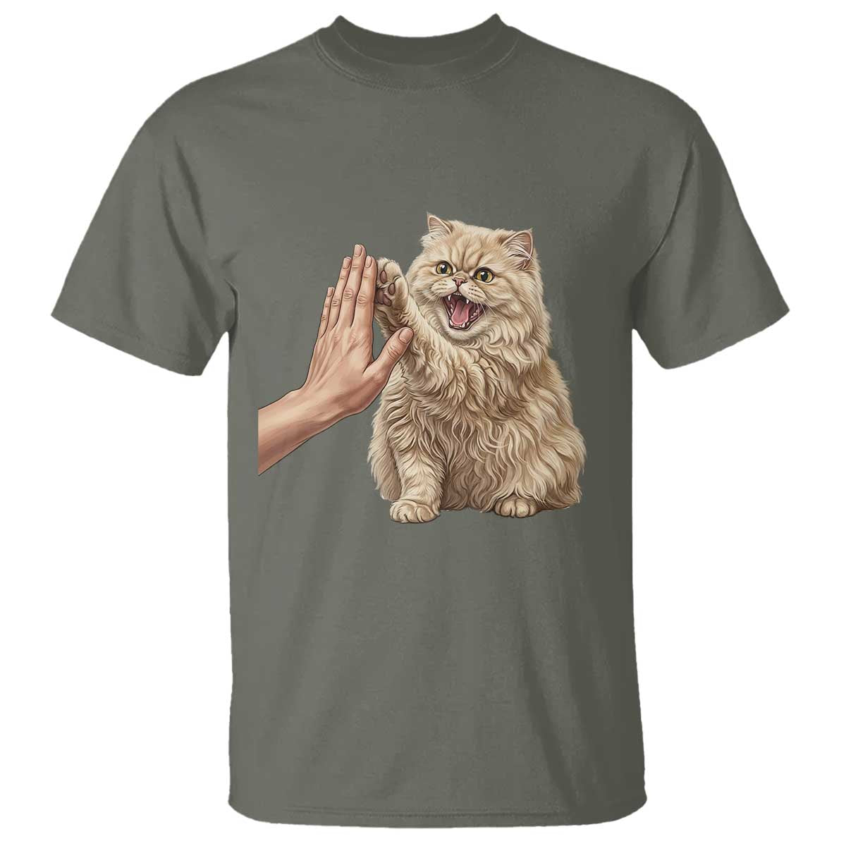 Cute Persian Cat High Five T Shirt Cat Lover TS12 Military Green Print Your Wear