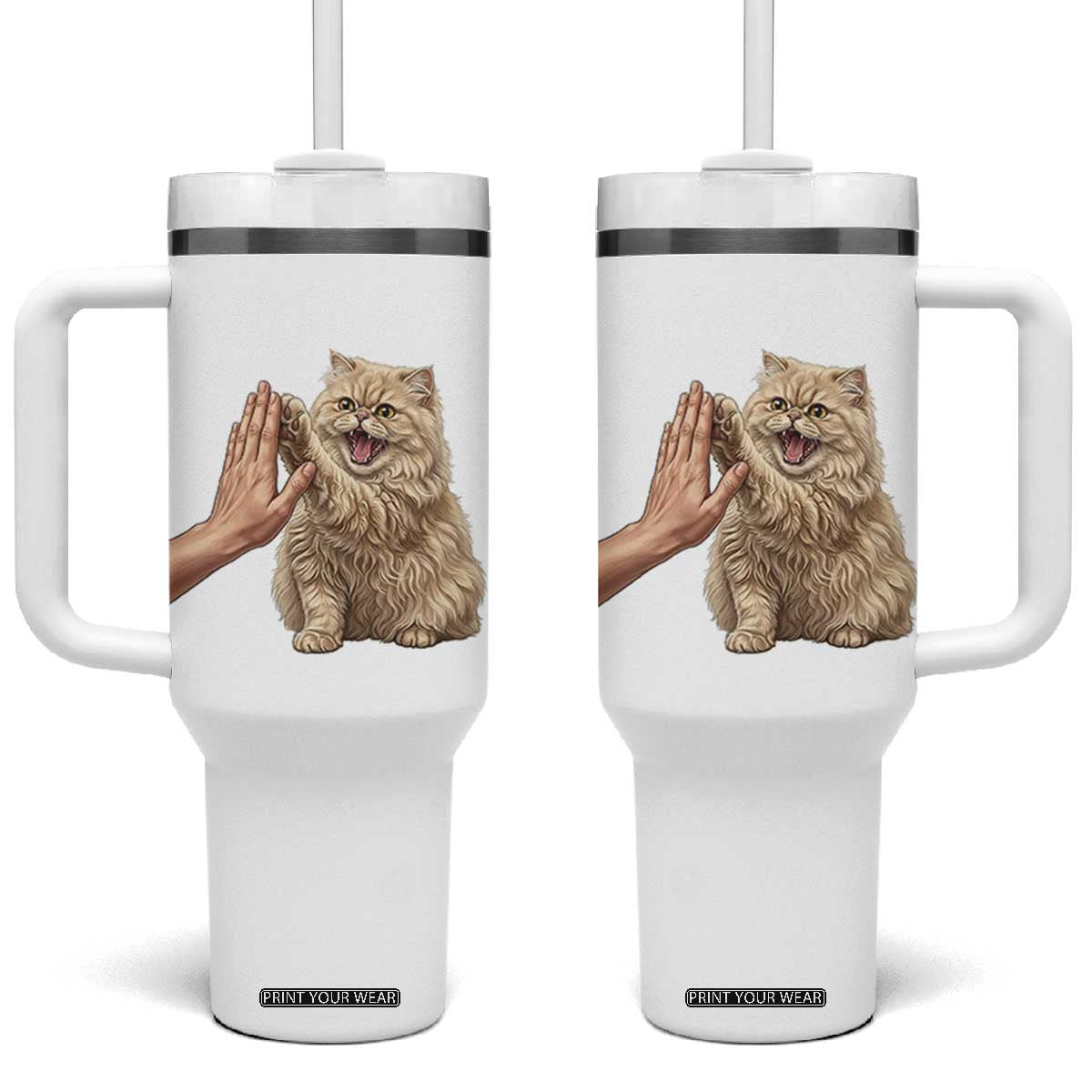 Cute Persian Cat High Five Tumbler With Handle Cat Lover TS12 One Size: 40 oz White Print Your Wear