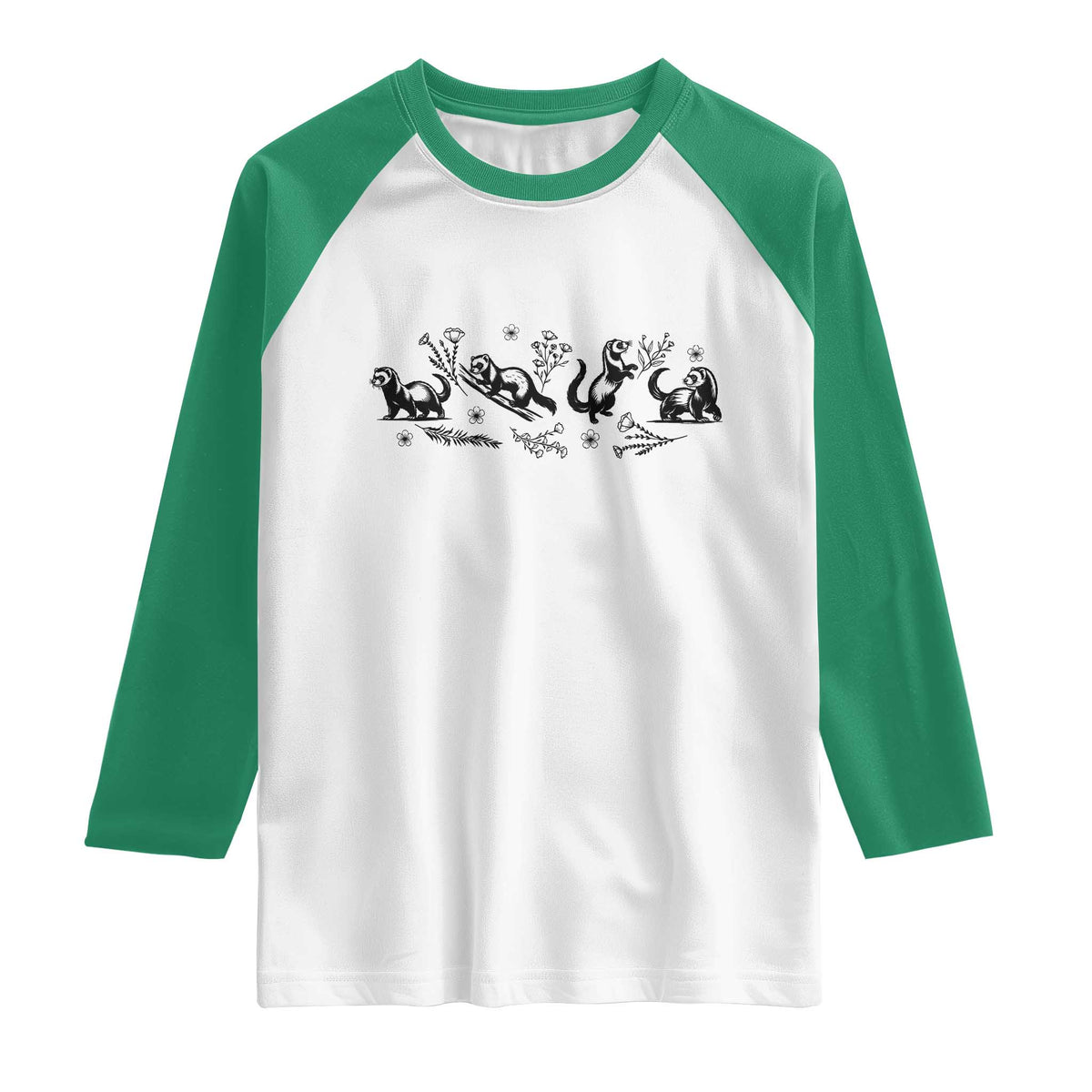 Minimalist Ferret Floral Graphic Raglan Shirt Exotic Pet Owner Gift TS12 White Kelly Green Print Your Wear