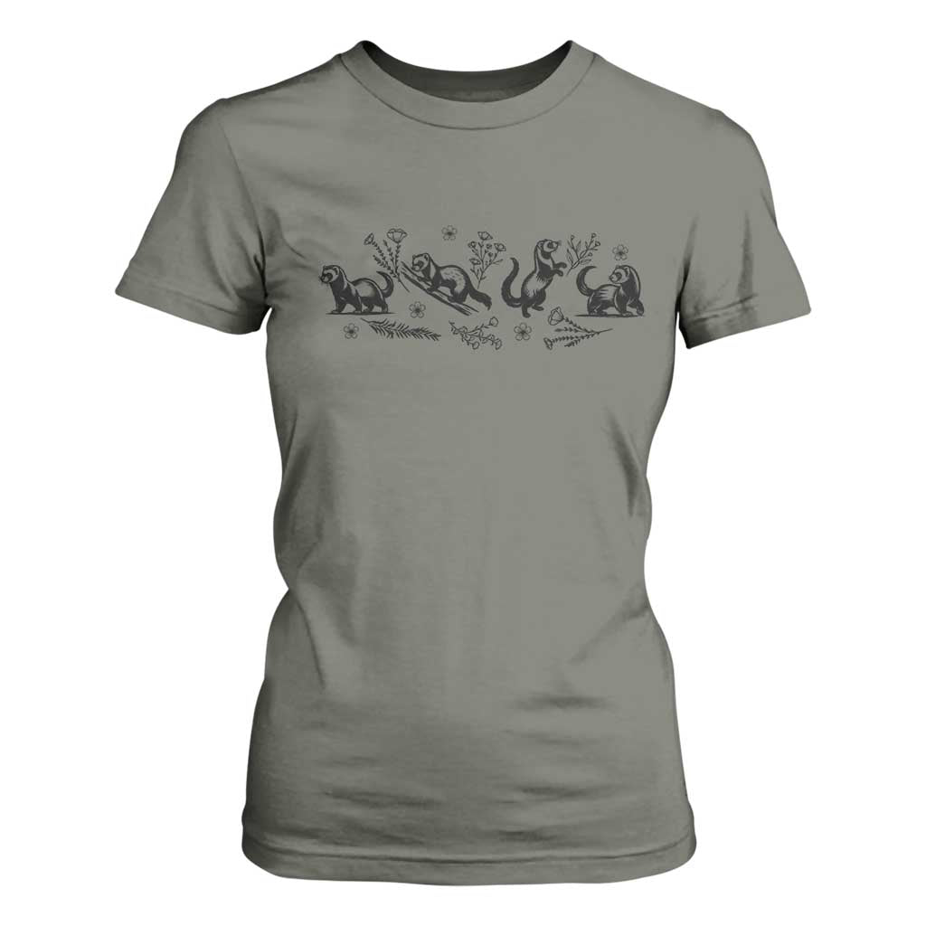 Minimalist Ferret Floral Graphic T Shirt For Women Exotic Pet Owner Gift TS12 Military Green Print Your Wear