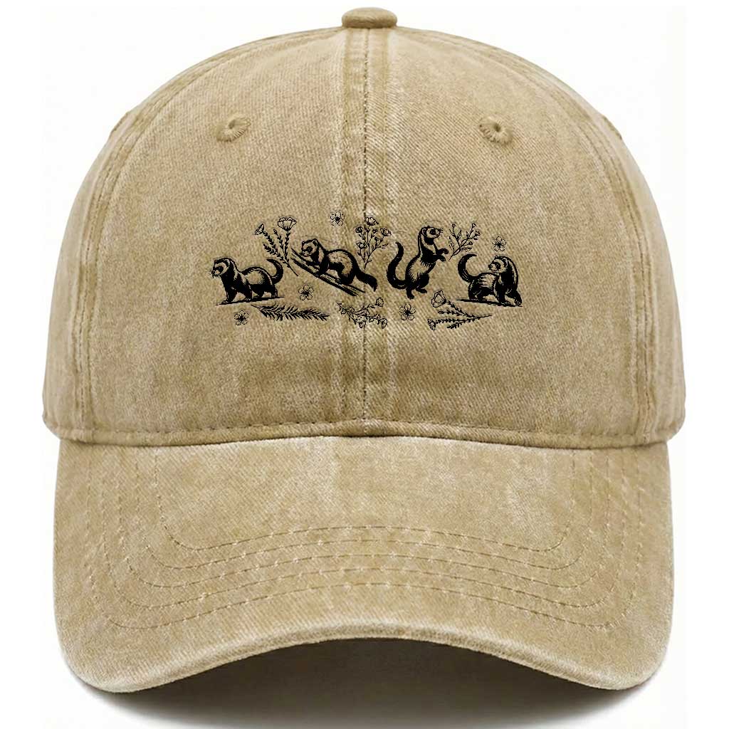 Minimalist Ferret Floral Graphic Washed Cotton Baseball Cap Exotic Pet Owner Gift TS12 Print Your Wear