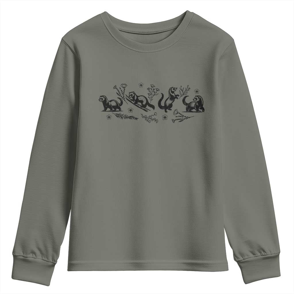 Minimalist Ferret Floral Graphic Youth Sweatshirt Exotic Pet Owner Gift TS12 Military Green Print Your Wear