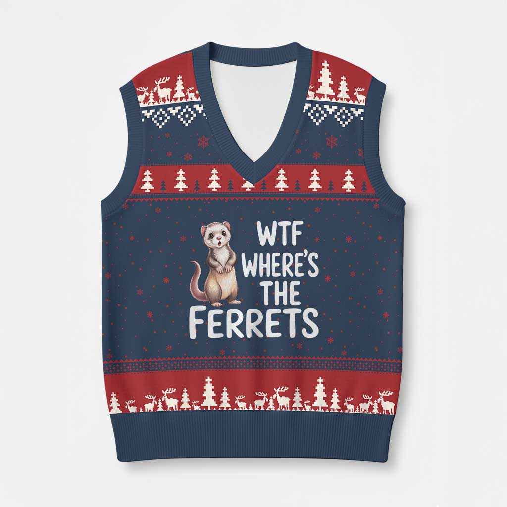 Funny Ferret Lover Gift V-Neck Knit Sweater Vest Where Is The Ferret TS12 Navy Red Print Your Wear