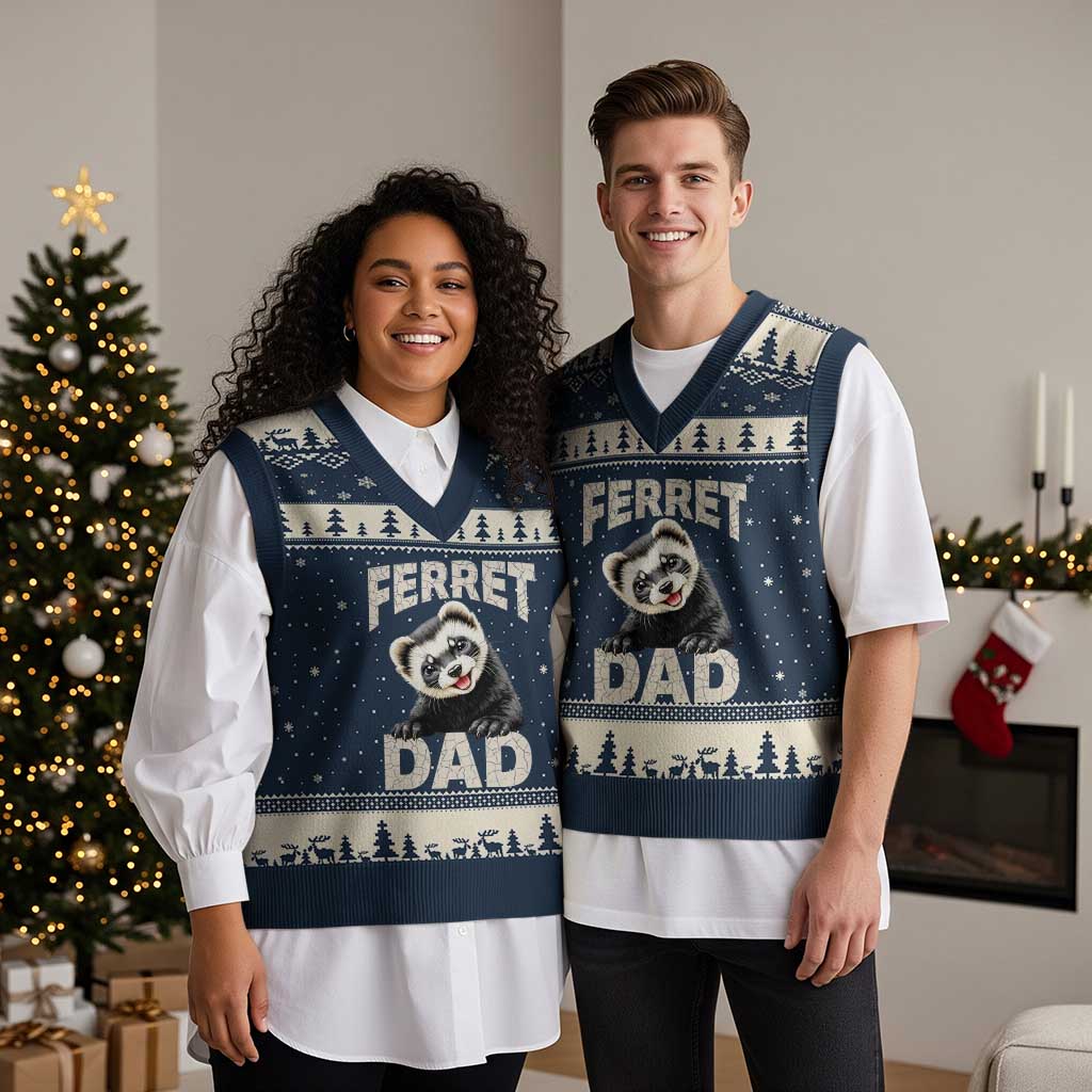 Ferret Dad Life V-Neck Knit Sweater Vest Cute Exotic Animal Parent Gift TS12 Navy Beige Print Your Wear