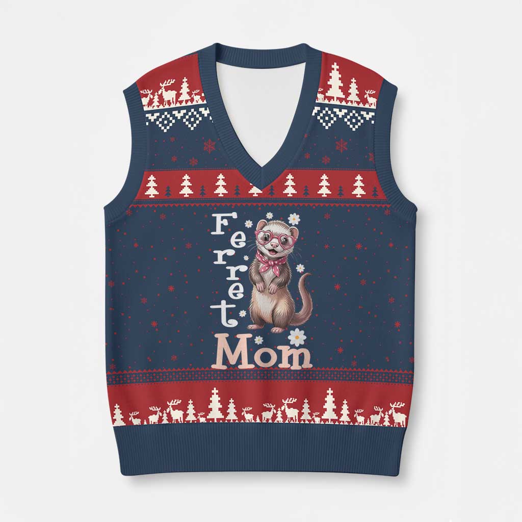 Ferret Mom Life V-Neck Knit Sweater Vest Funny Cute Polecat Ferret Lover TS12 Navy Red Print Your Wear