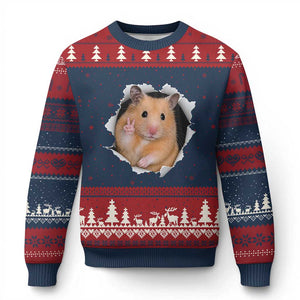 Funny Curious Hamster Peeking Through A Cracked Wall Meme Ugly Christmas Sweater TS12 Navy Red Print Your Wear