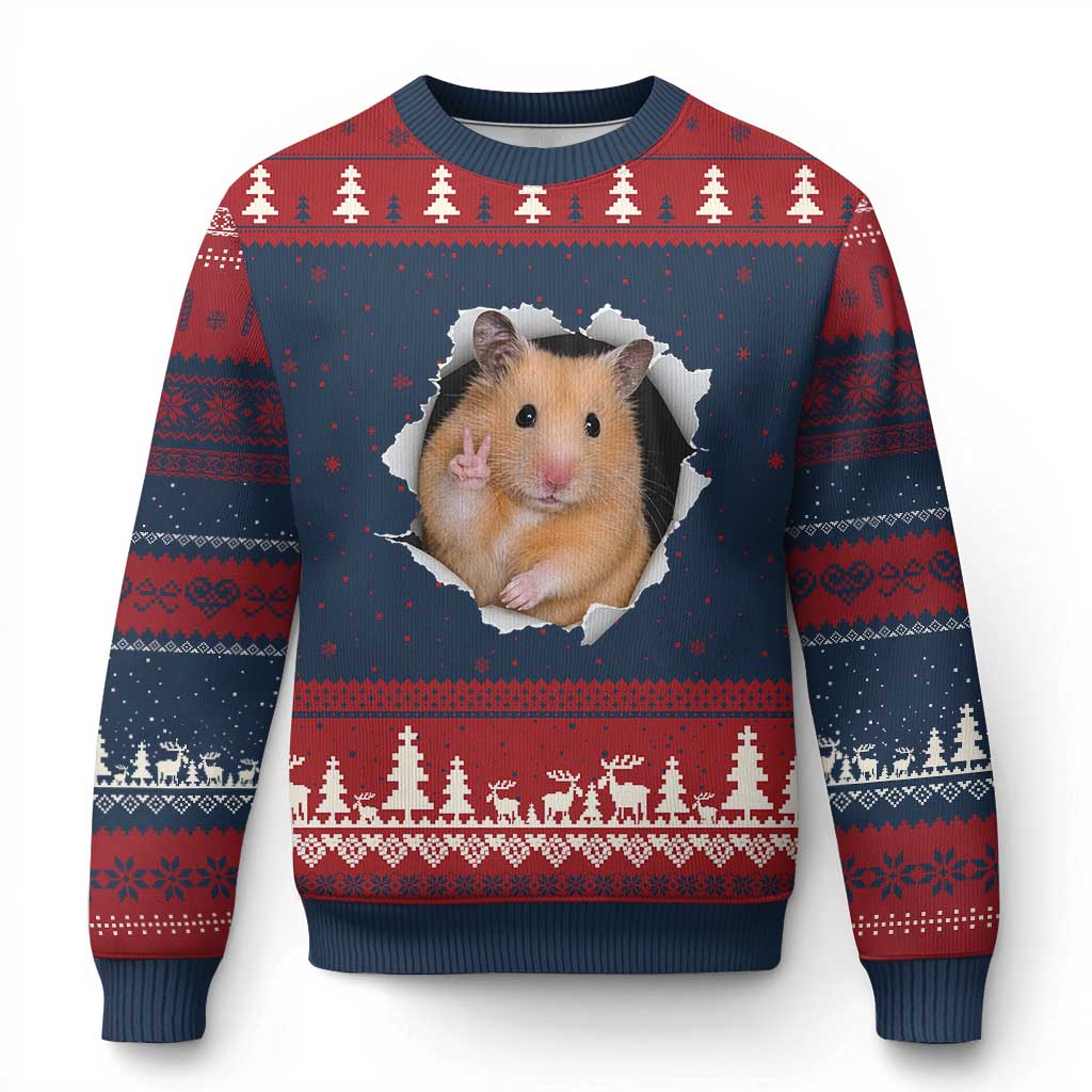 Funny Curious Hamster Peeking Through A Cracked Wall Meme Ugly Christmas Sweater TS12 Navy Red Print Your Wear
