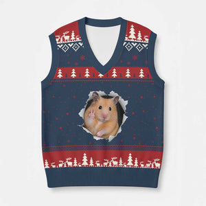 Funny Curious Hamster Peeking Through A Cracked Wall Meme V-Neck Knit Sweater Vest TS12 Navy Red Print Your Wear