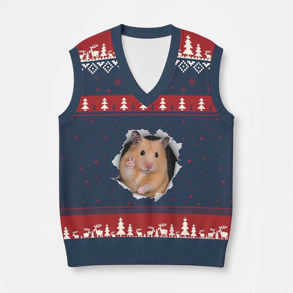 Funny Curious Hamster Peeking Through A Cracked Wall Meme V-Neck Knit Sweater Vest TS12 Navy Red Print Your Wear