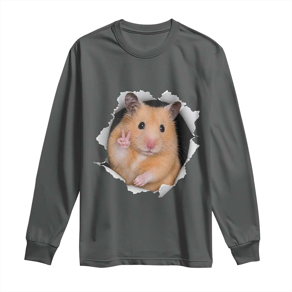 Funny Curious Hamster Peeking Through A Cracked Wall Meme Long Sleeve Shirt TS12 Dark Heather Print Your Wear