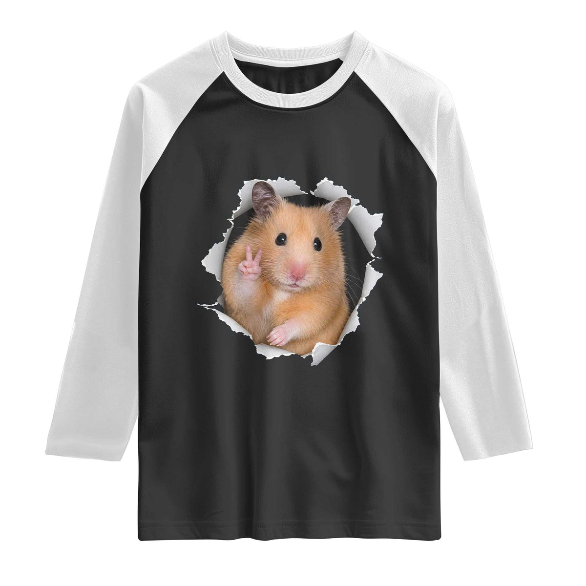 Funny Curious Hamster Peeking Through A Cracked Wall Meme Raglan Shirt TS12 Black White Print Your Wear