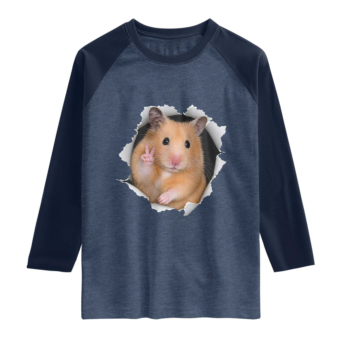 Funny Curious Hamster Peeking Through A Cracked Wall Meme Raglan Shirt TS12 Heather Denim Navy Print Your Wear