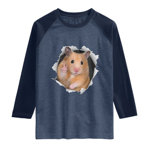 Funny Curious Hamster Peeking Through A Cracked Wall Meme Raglan Shirt TS12 Heather Denim Navy Print Your Wear