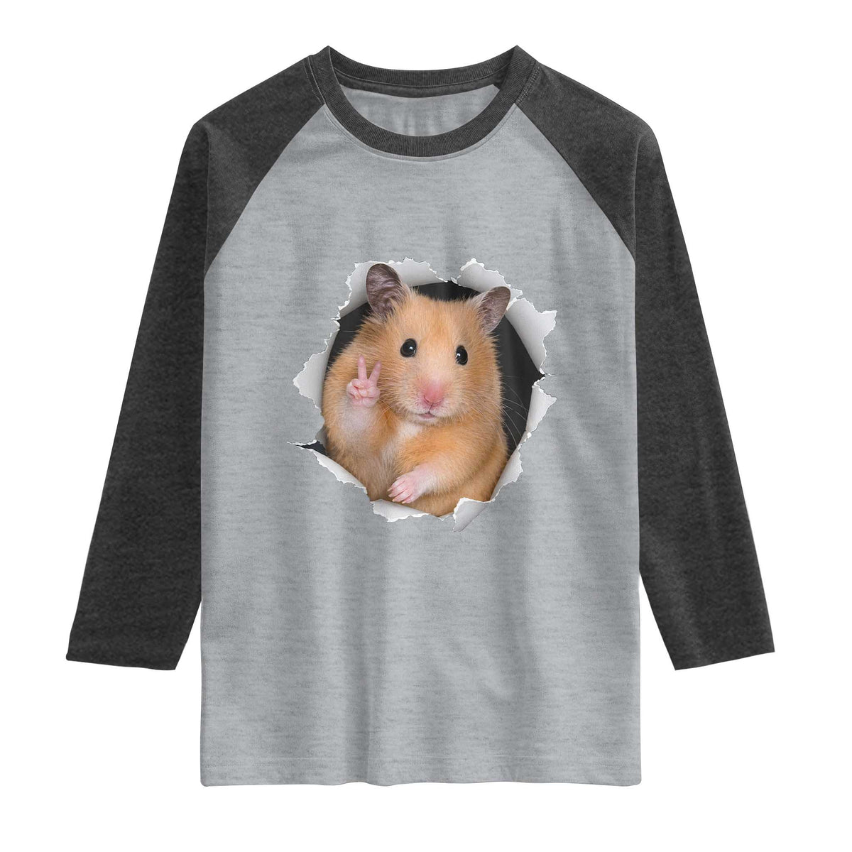Funny Curious Hamster Peeking Through A Cracked Wall Meme Raglan Shirt TS12 Heather Gray Heather Charcoal Print Your Wear