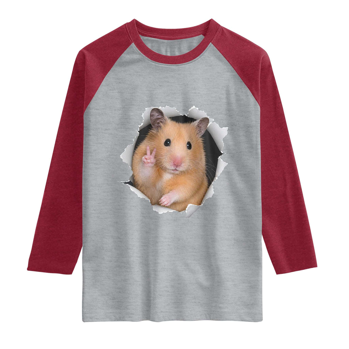 Funny Curious Hamster Peeking Through A Cracked Wall Meme Raglan Shirt TS12 Heather Gray Heather Red Print Your Wear