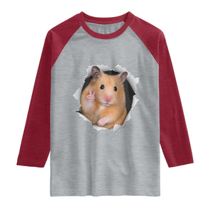 Funny Curious Hamster Peeking Through A Cracked Wall Meme Raglan Shirt TS12 Heather Gray Heather Red Print Your Wear