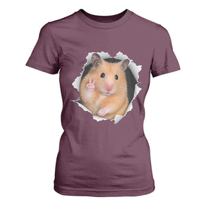 Funny Curious Hamster Peeking Through A Cracked Wall Meme T Shirt For Women TS12 Maroon Print Your Wear