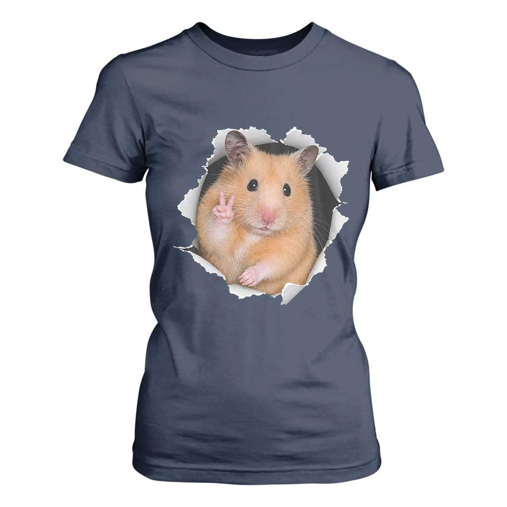Funny Curious Hamster Peeking Through A Cracked Wall Meme T Shirt For Women TS12 Navy Print Your Wear