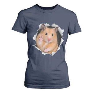 Funny Curious Hamster Peeking Through A Cracked Wall Meme T Shirt For Women TS12 Navy Print Your Wear