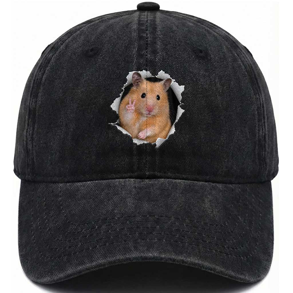 Funny Curious Hamster Peeking Through A Cracked Wall Meme Washed Cotton Baseball Cap TS12 Print Your Wear