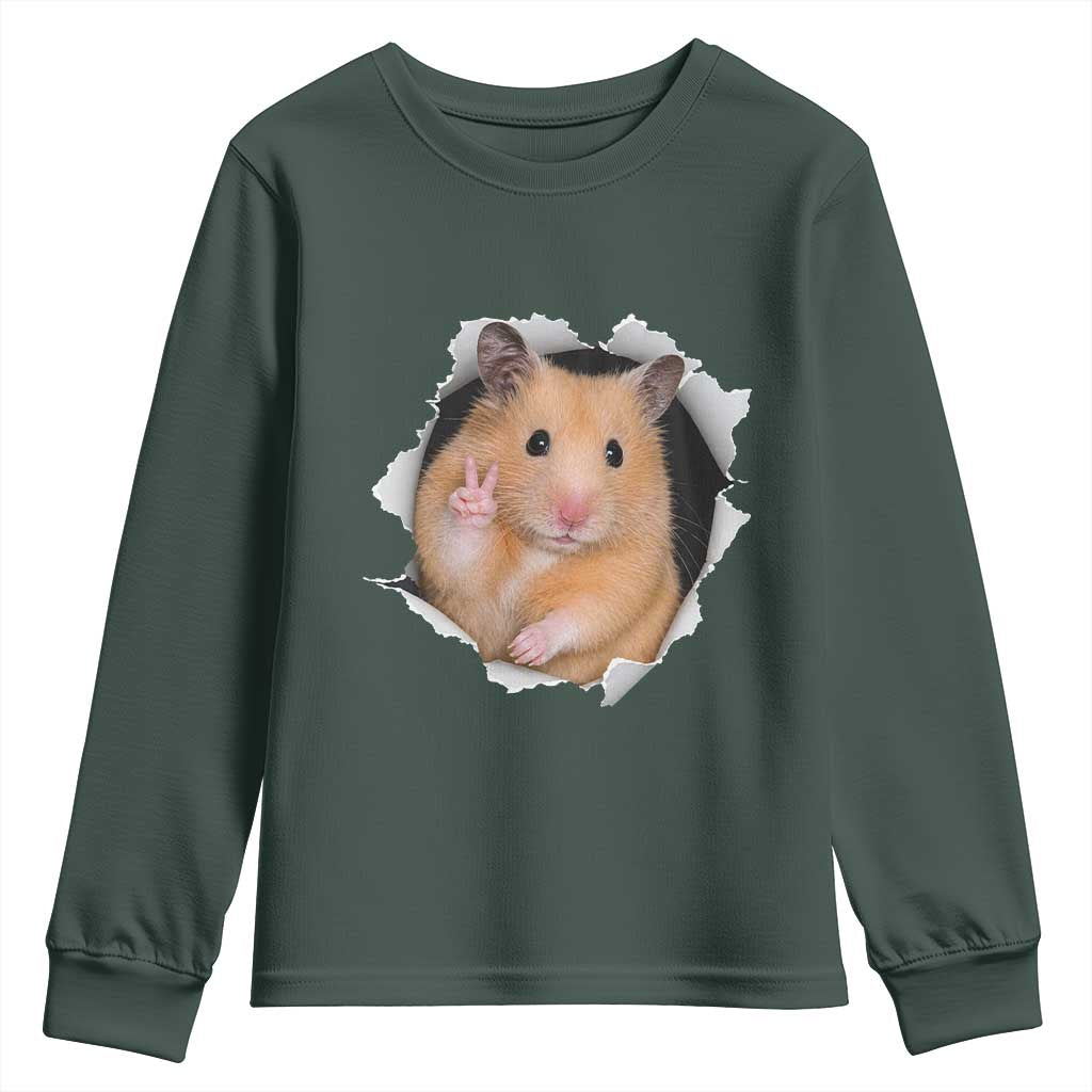 Funny Curious Hamster Peeking Through A Cracked Wall Meme Youth Sweatshirt TS12 Dark Forest Green Print Your Wear