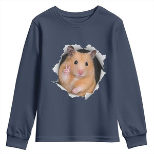 Funny Curious Hamster Peeking Through A Cracked Wall Meme Youth Sweatshirt TS12 Navy Print Your Wear