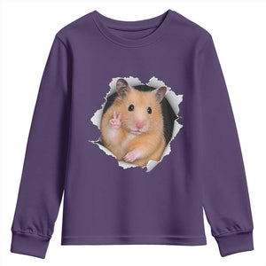 Funny Curious Hamster Peeking Through A Cracked Wall Meme Youth Sweatshirt TS12 Purple Print Your Wear