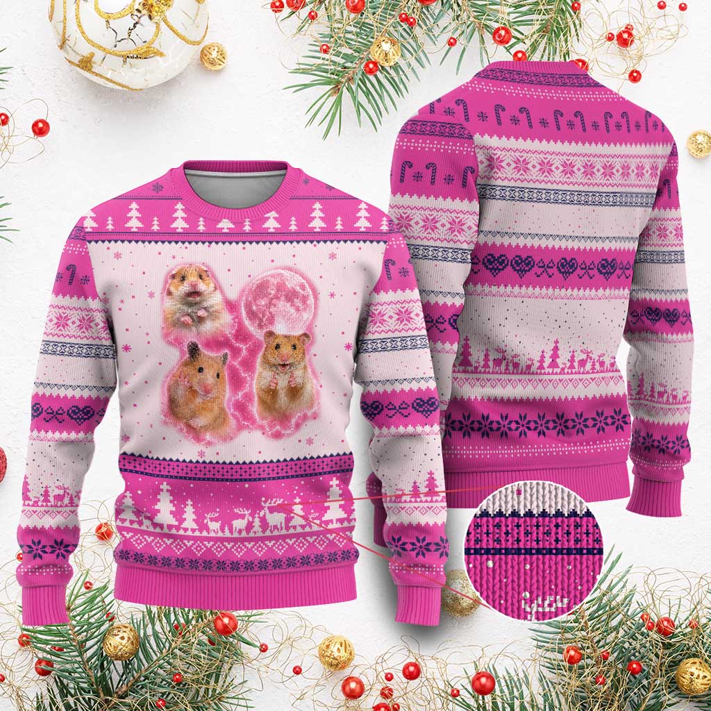 Three Hamsters Retro Graphic Ugly Christmas Sweater Small Pet Lover Gift Idea TS12 Hot Pink Print Your Wear