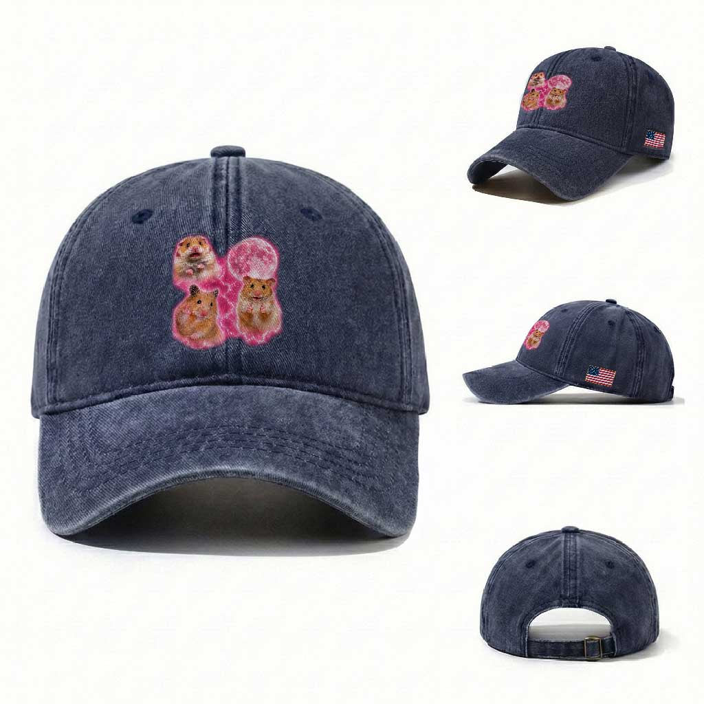 Three Hamsters Retro Graphic Washed Cotton Baseball Cap Small Pet Lover Gift Idea TS12 Washed Cap Universal Fit Navy Print Your Wear