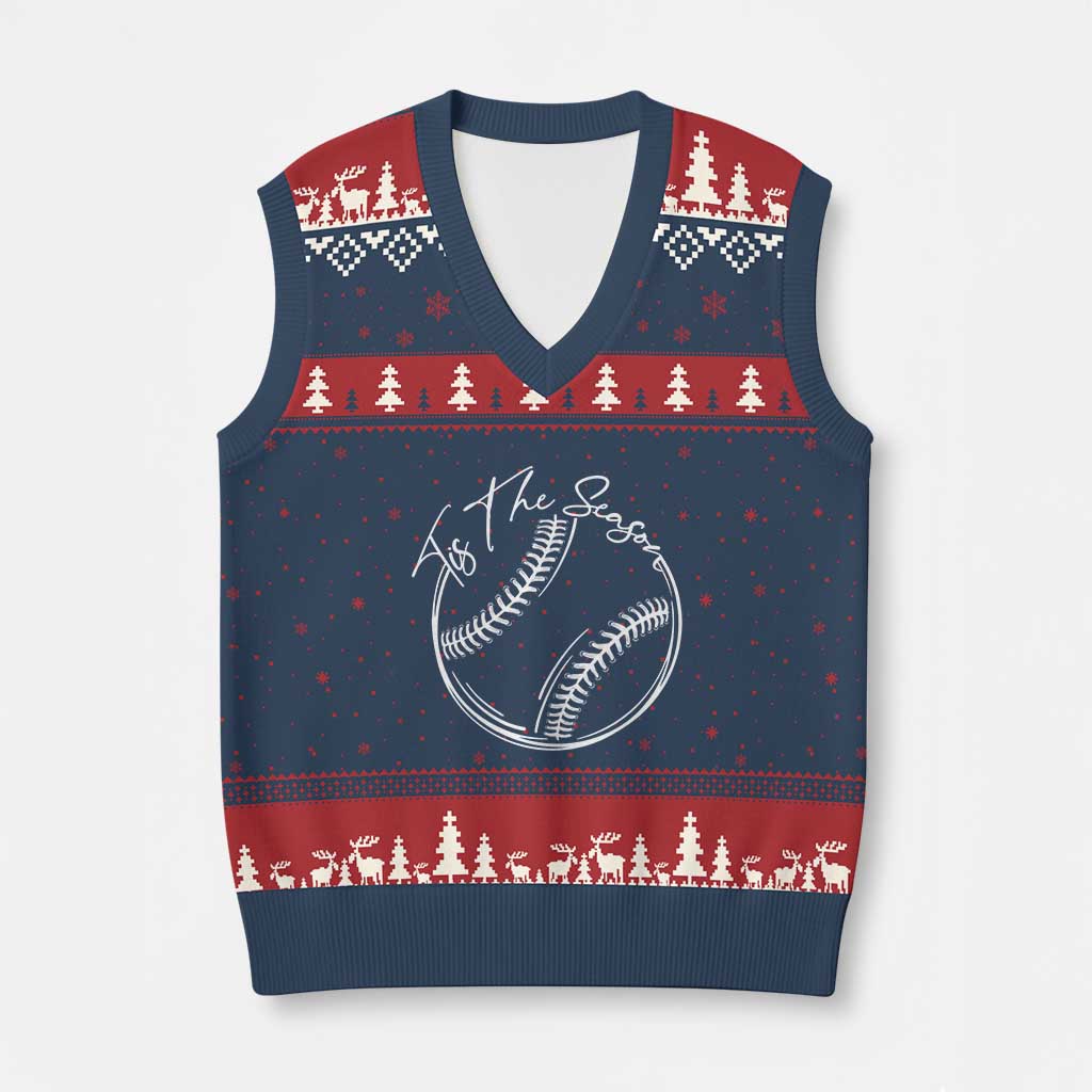 Aesthetic Tis The Season Baseball Graphic V-Neck Knit Sweater Vest Sports Fan Gift TS12 Navy Red Print Your Wear