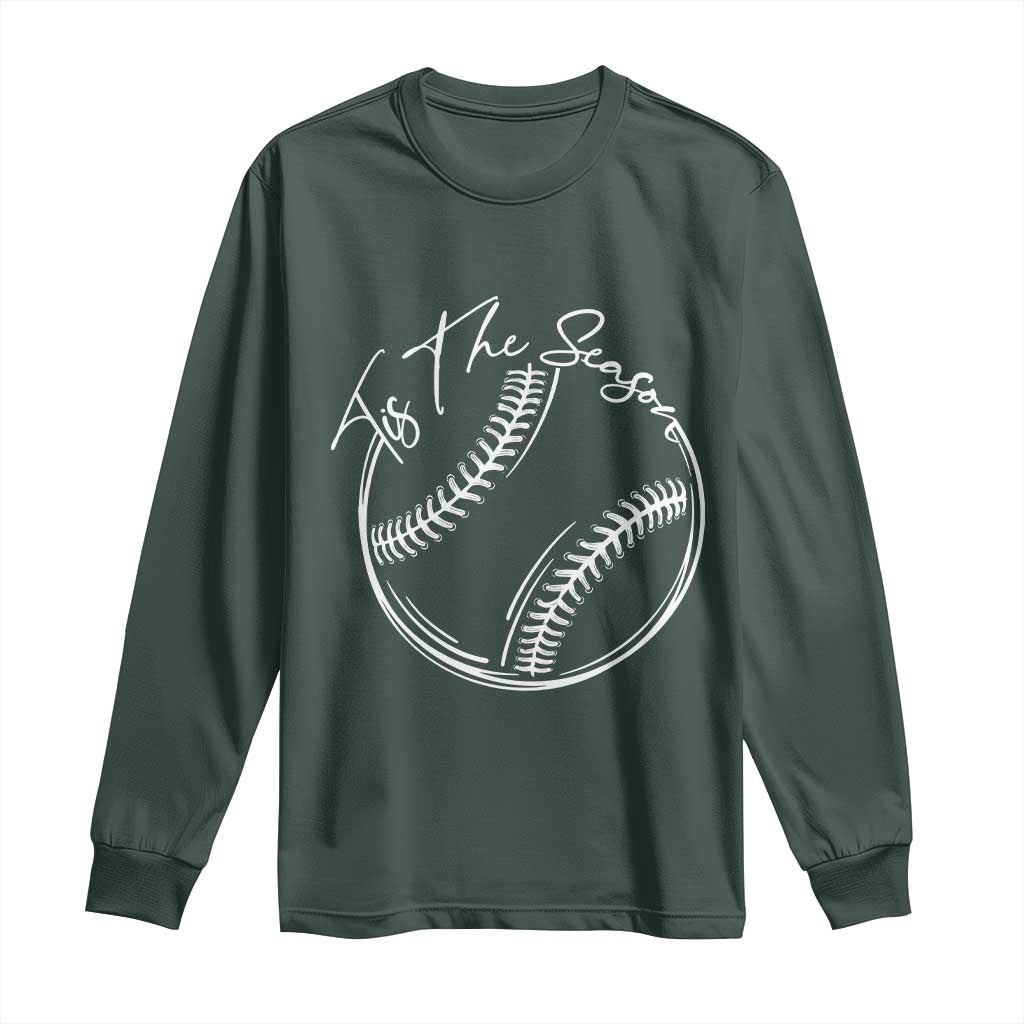 Aesthetic Tis The Season Baseball Graphic Long Sleeve Shirt Sports Fan Gift TS12 Dark Forest Green Print Your Wear