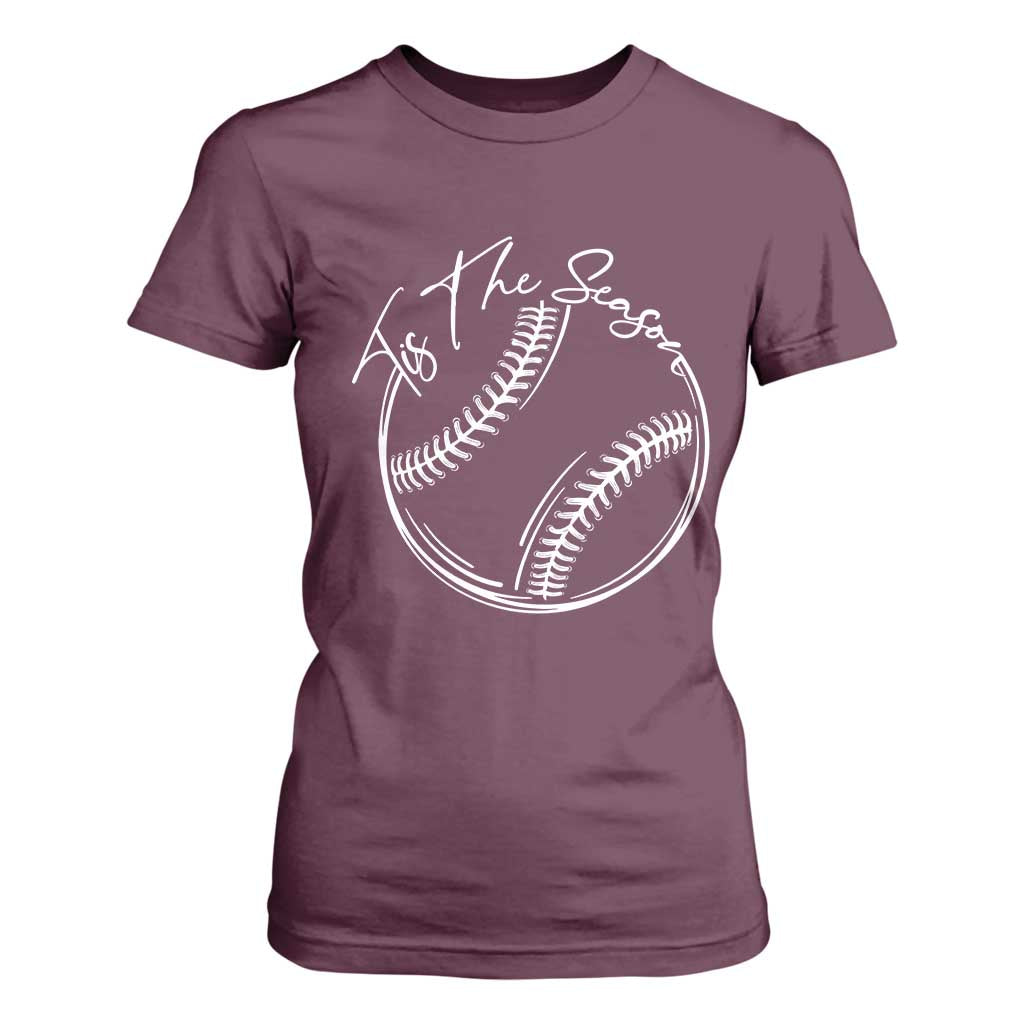 Aesthetic Tis The Season Baseball Graphic T Shirt For Women Sports Fan Gift TS12 Maroon Print Your Wear
