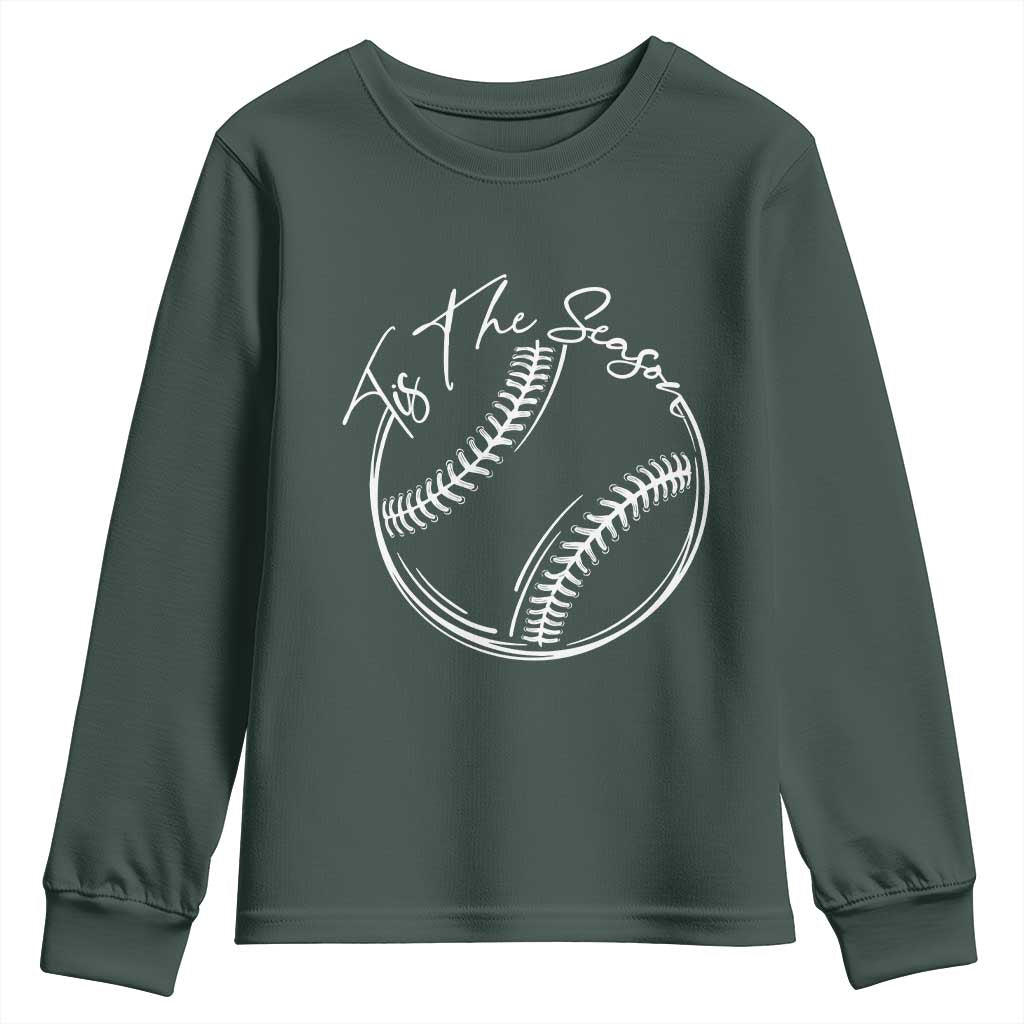 Aesthetic Tis The Season Baseball Graphic Youth Sweatshirt Sports Fan Gift TS12 Dark Forest Green Print Your Wear