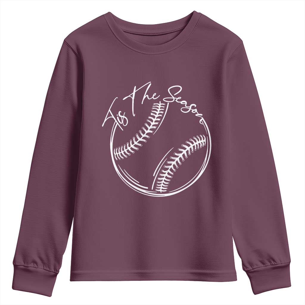 Aesthetic Tis The Season Baseball Graphic Youth Sweatshirt Sports Fan Gift TS12 Maroon Print Your Wear