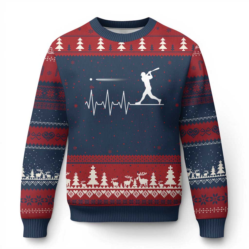 Baseball Heartbeat Line Ugly Christmas Sweater Vintage Sports Lover Gift TS12 Navy Red Print Your Wear