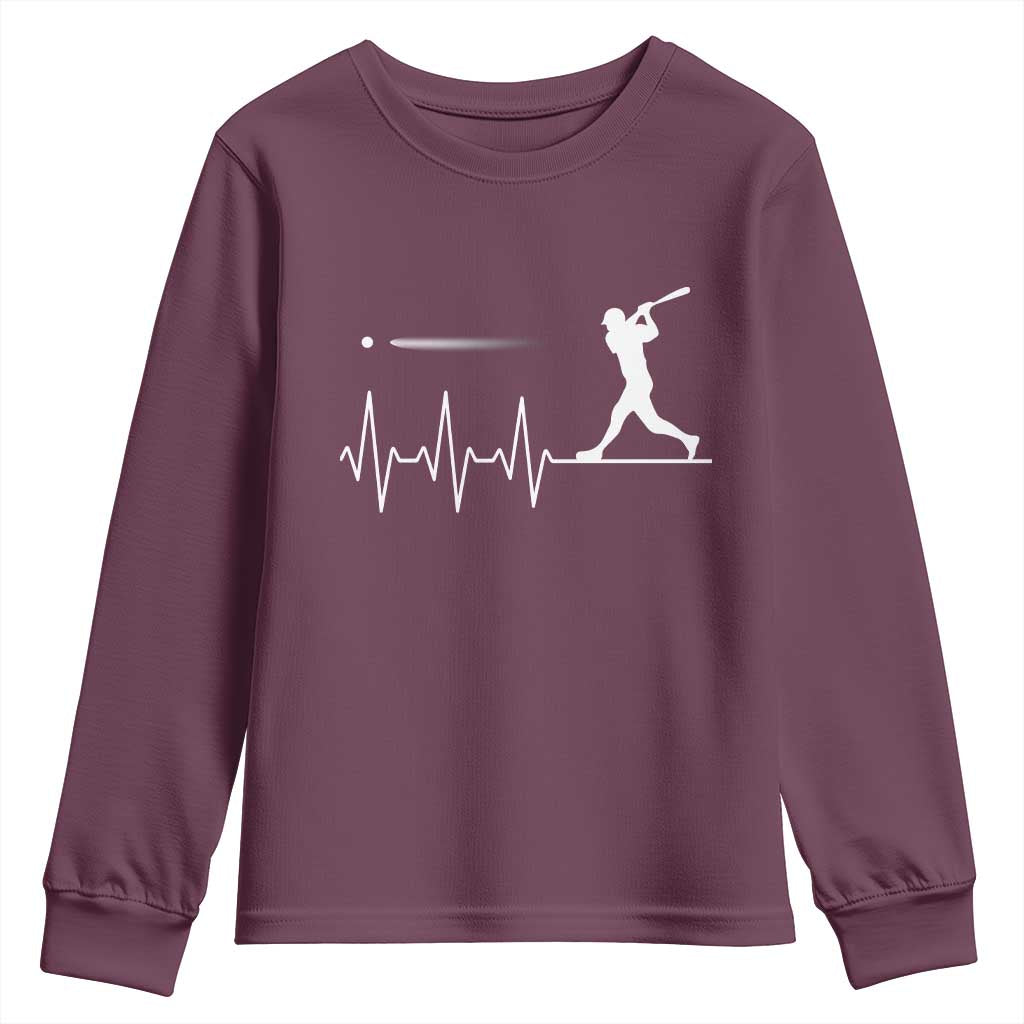 Baseball Heartbeat Line Youth Sweatshirt Vintage Sports Lover Gift TS12 Maroon Print Your Wear