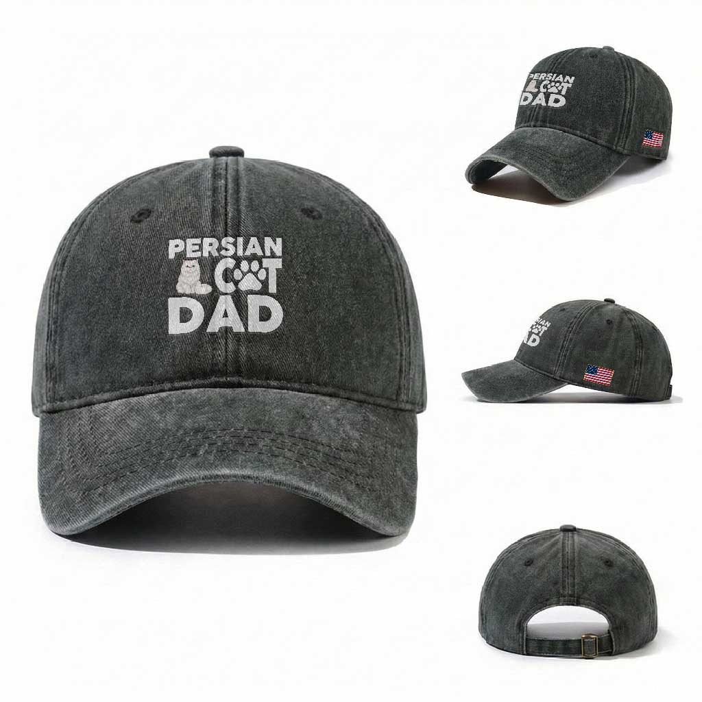 Proud Persian Cat Dad Washed Cotton Baseball Cap Funny Fluffy Cat Lover Gift TS12 Washed Cap Universal Fit Dark Green Print Your Wear
