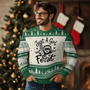 Just a Girl Who Loves Ferrets Ugly Christmas Sweater Exotic Pet Owner Gift TS12 Beige Green Print Your Wear