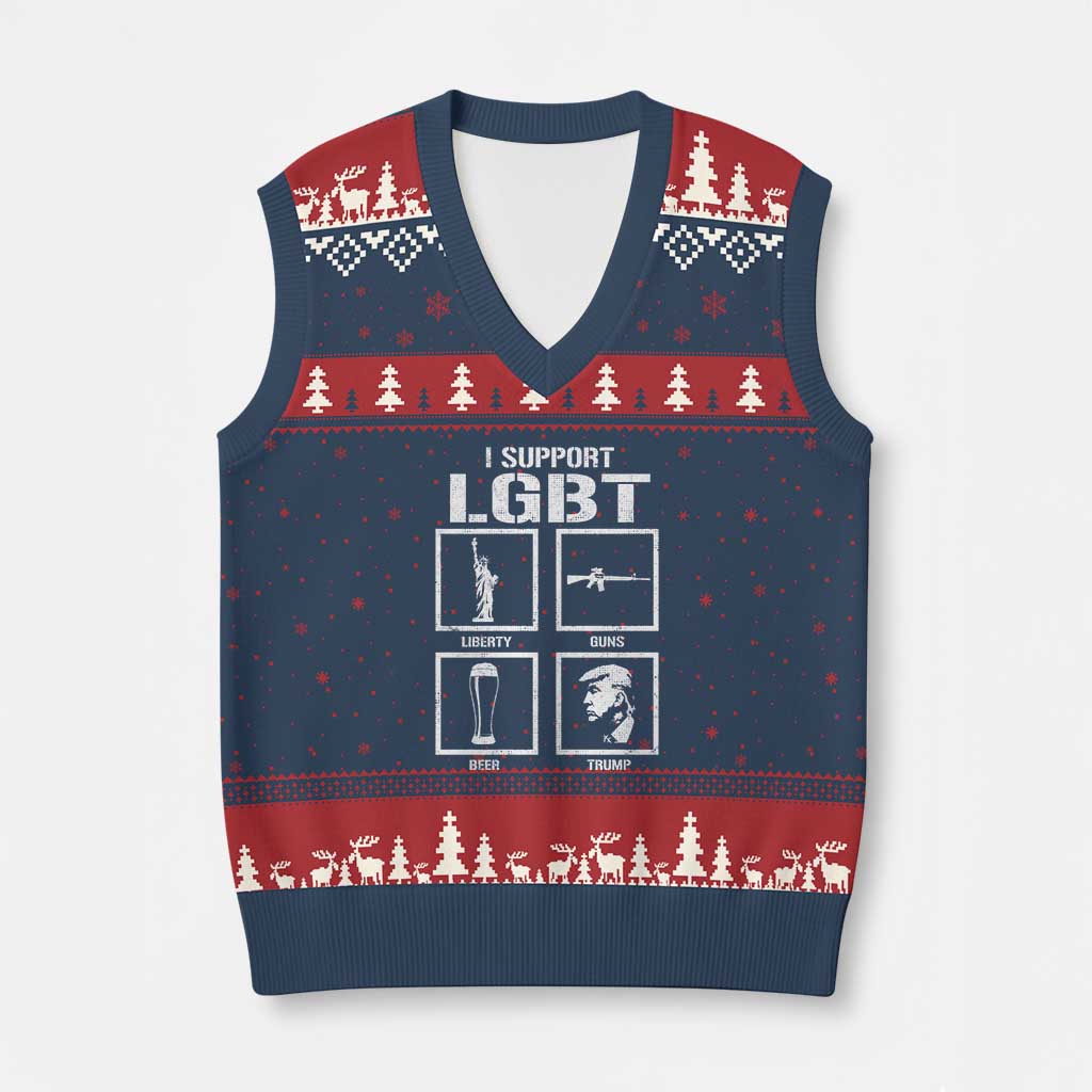 I Support LGBT Liberty Guns Beer Trump V-Neck Knit Sweater Vest Funny Patriotic Parody Graphic TS12 Navy Red Print Your Wear