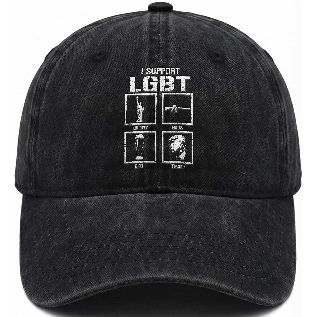 I Support LGBT Liberty Guns Beer Trump Washed Cotton Baseball Cap Funny Patriotic Parody Graphic TS12 Print Your Wear