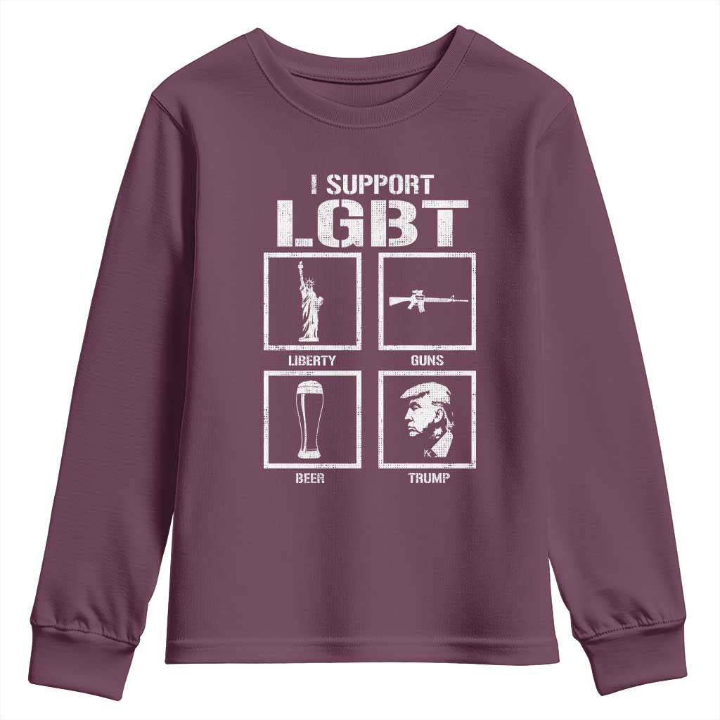I Support LGBT Liberty Guns Beer Trump Youth Sweatshirt Funny Patriotic Parody Graphic TS12 Maroon Print Your Wear
