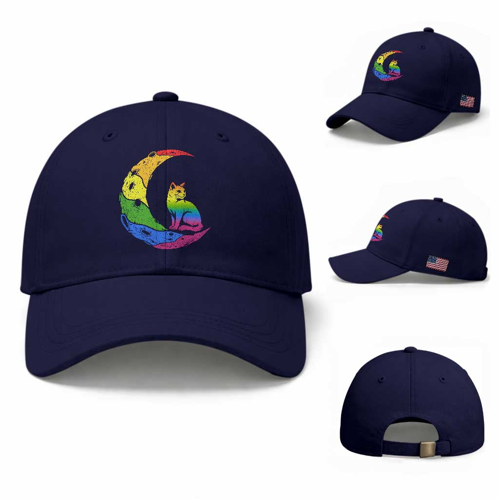 Rainbow Moon Cat Pride Baseball Cap LGBT Feline Graphic TS12 Baseball Cap Universal Fit Dark Blue Print Your Wear