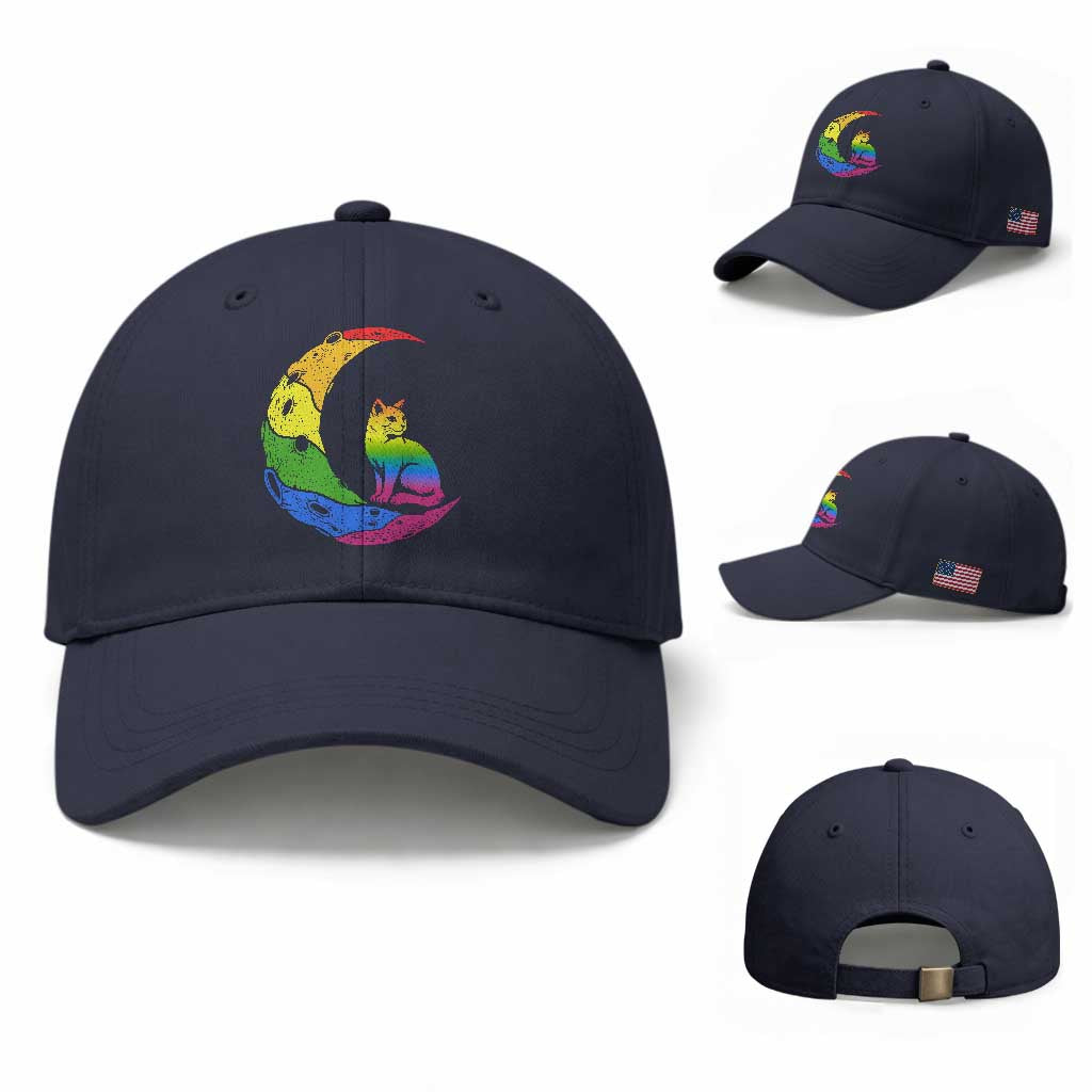 Rainbow Moon Cat Pride Baseball Cap LGBT Feline Graphic TS12 Baseball Cap Universal Fit Navy Print Your Wear