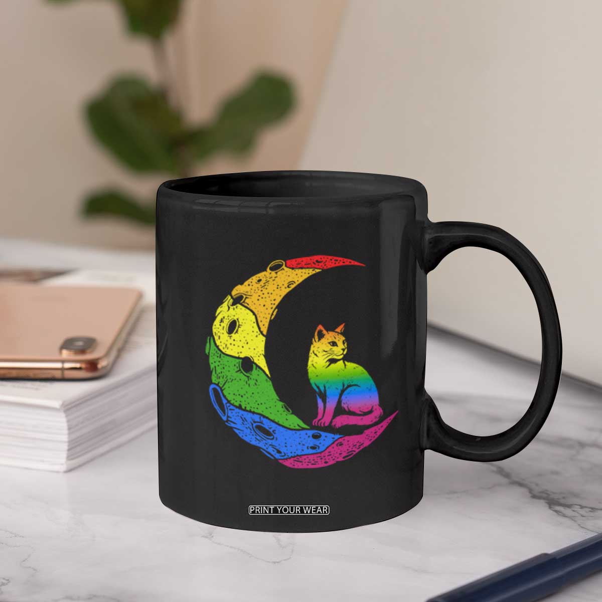 Rainbow Moon Cat Pride Coffee Mug LGBT Feline Graphic TS12 Print Your Wear