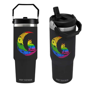 Rainbow Moon Cat Pride Flip Straw Tumbler LGBT Feline Graphic TS12 One Size: 30 oz Black Print Your Wear