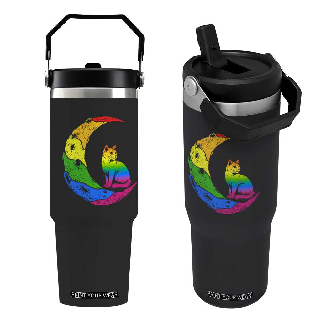 Rainbow Moon Cat Pride Flip Straw Tumbler LGBT Feline Graphic TS12 One Size: 30 oz Black Print Your Wear